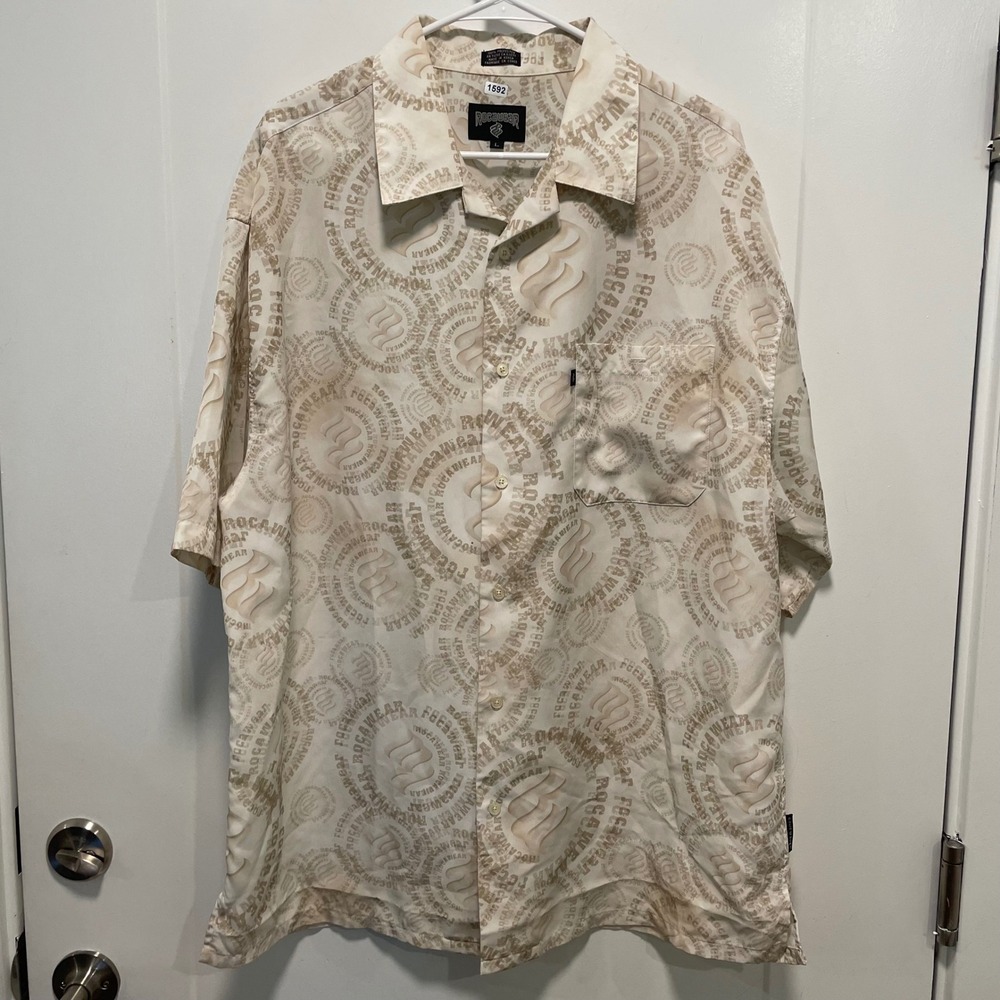 Rocawear Vintage L Cream Tan All Over Logo Print Short Sleeve Button Down Shirt